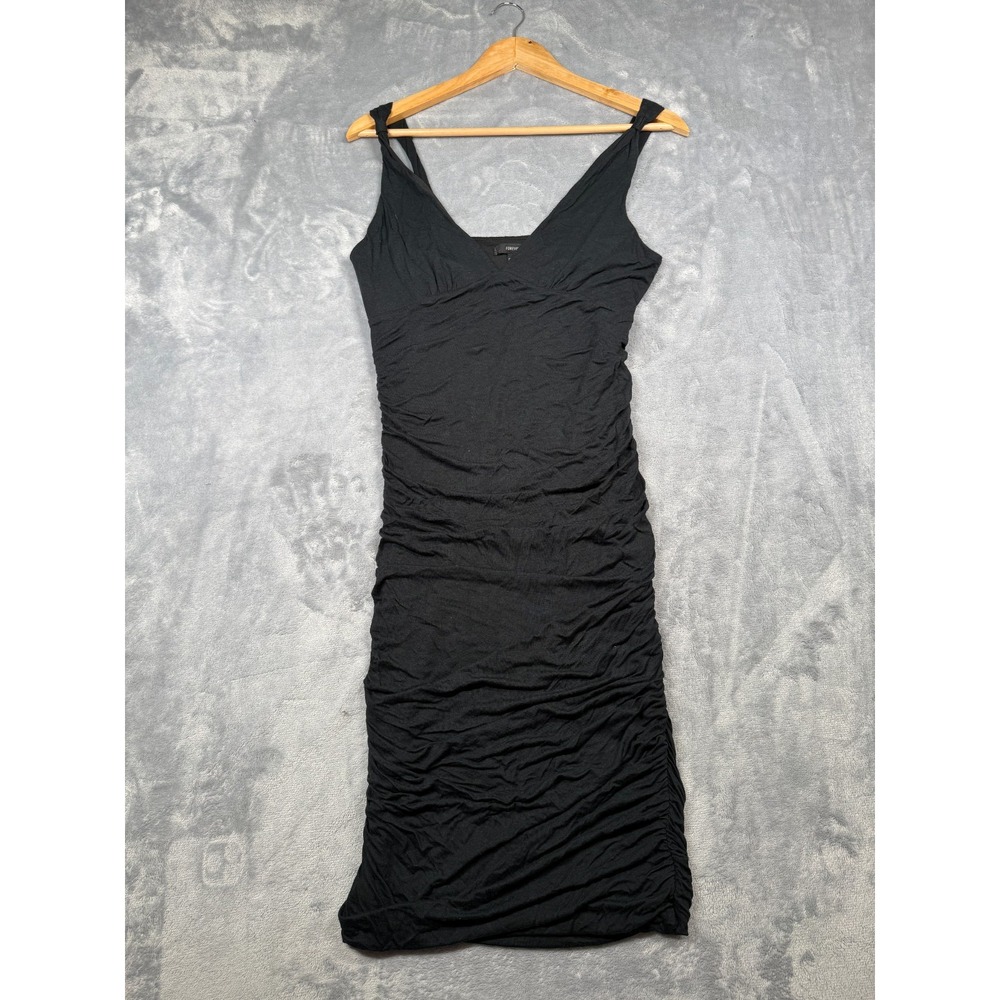 FOREVER 21 Bodycon Midi Dress Womens M Black Ruched Twist Shoulder Straps V-Neck